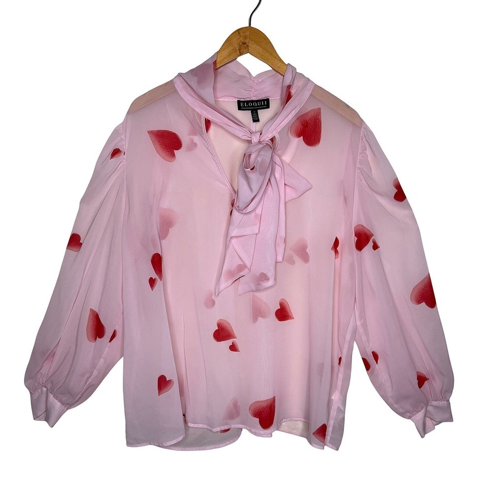 ELOQUII Size 20 Plus Heart Tie Neck Bow Blouse Pink Sheer Valentine Top‎